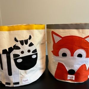 3 Sprouts set of 2 Large Round Bin Canvas Bag Laundry Toys Fox and Zebra